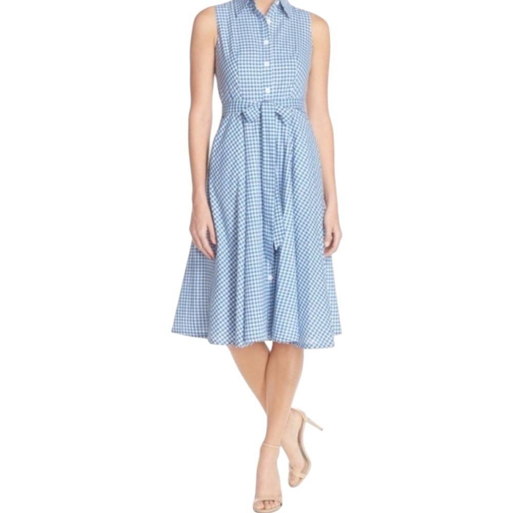 Charter Club Navy/White Gingham Sleeveless Cotton Fit ‘n Flare Midi Dress L EUC